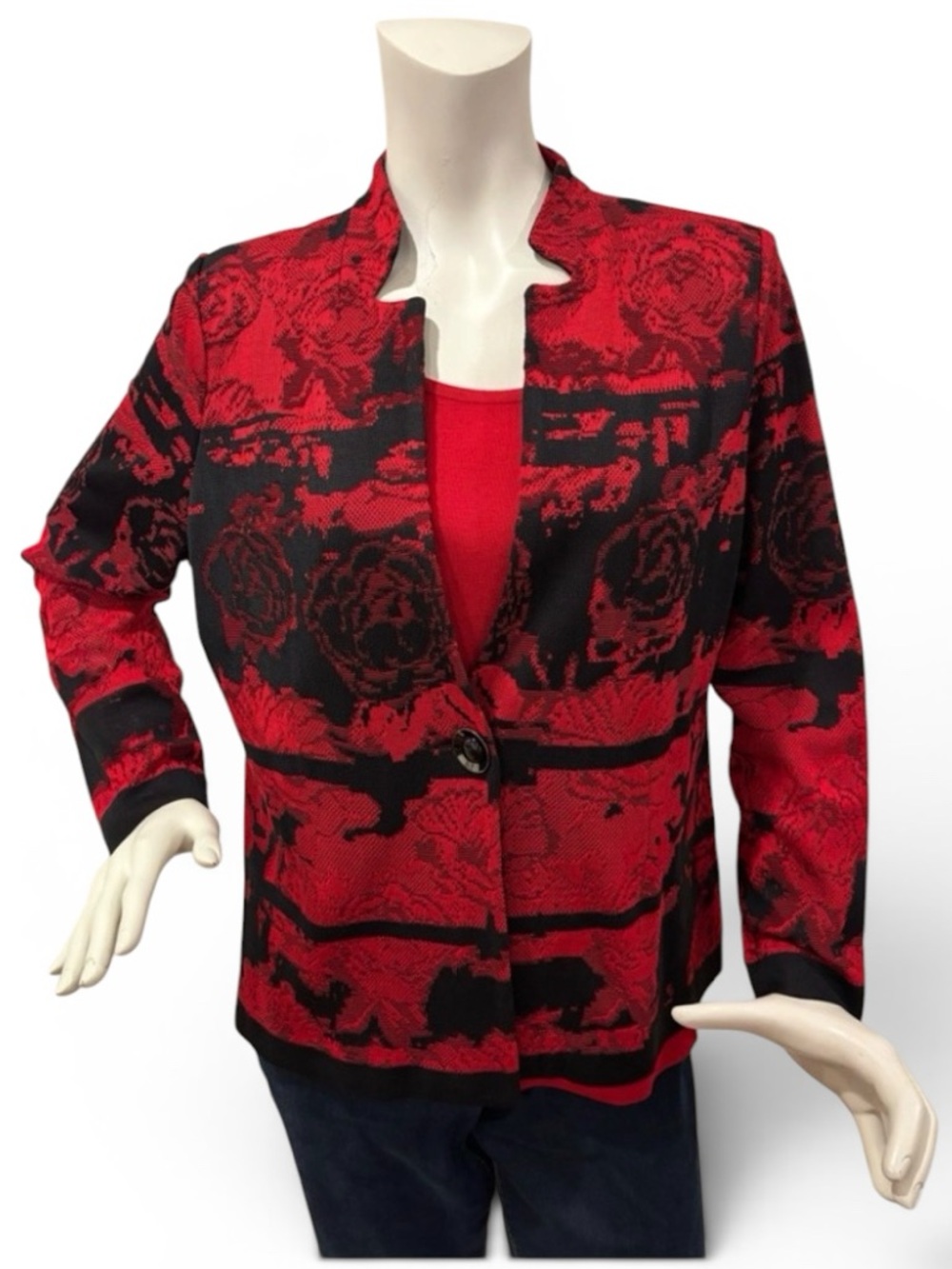 Ming Wang 2-Piece Red & Black Rose Floral Evening Jacket & Layering Top, M/L